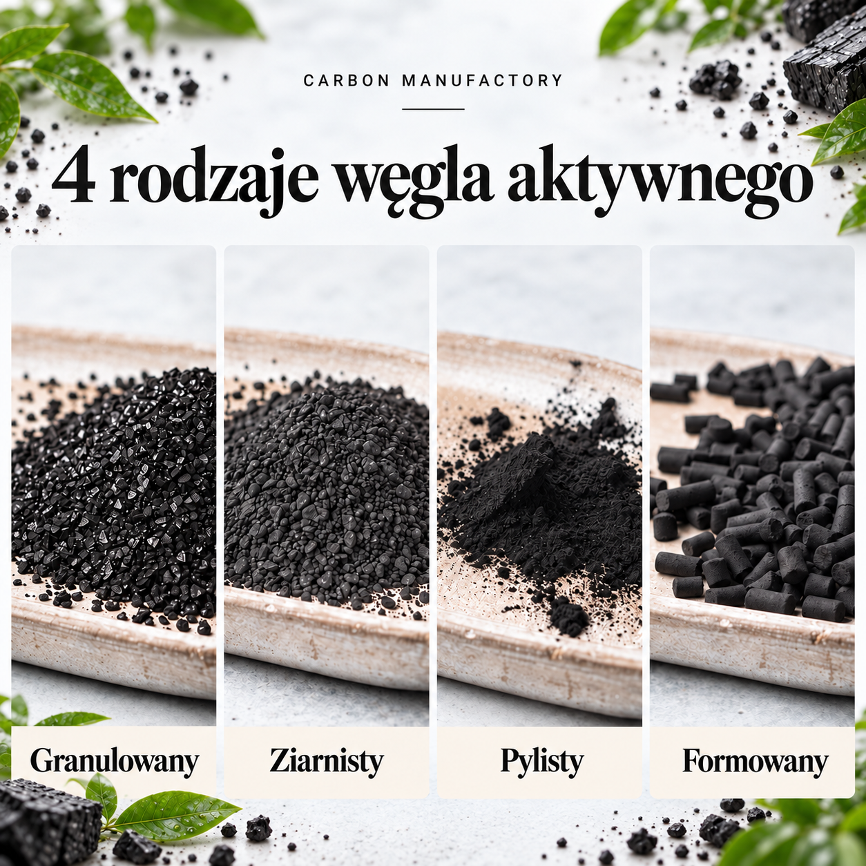 Porównanie czterech postaci węgla aktywnego: granulowany, ziarnisty, pylisty i formowany